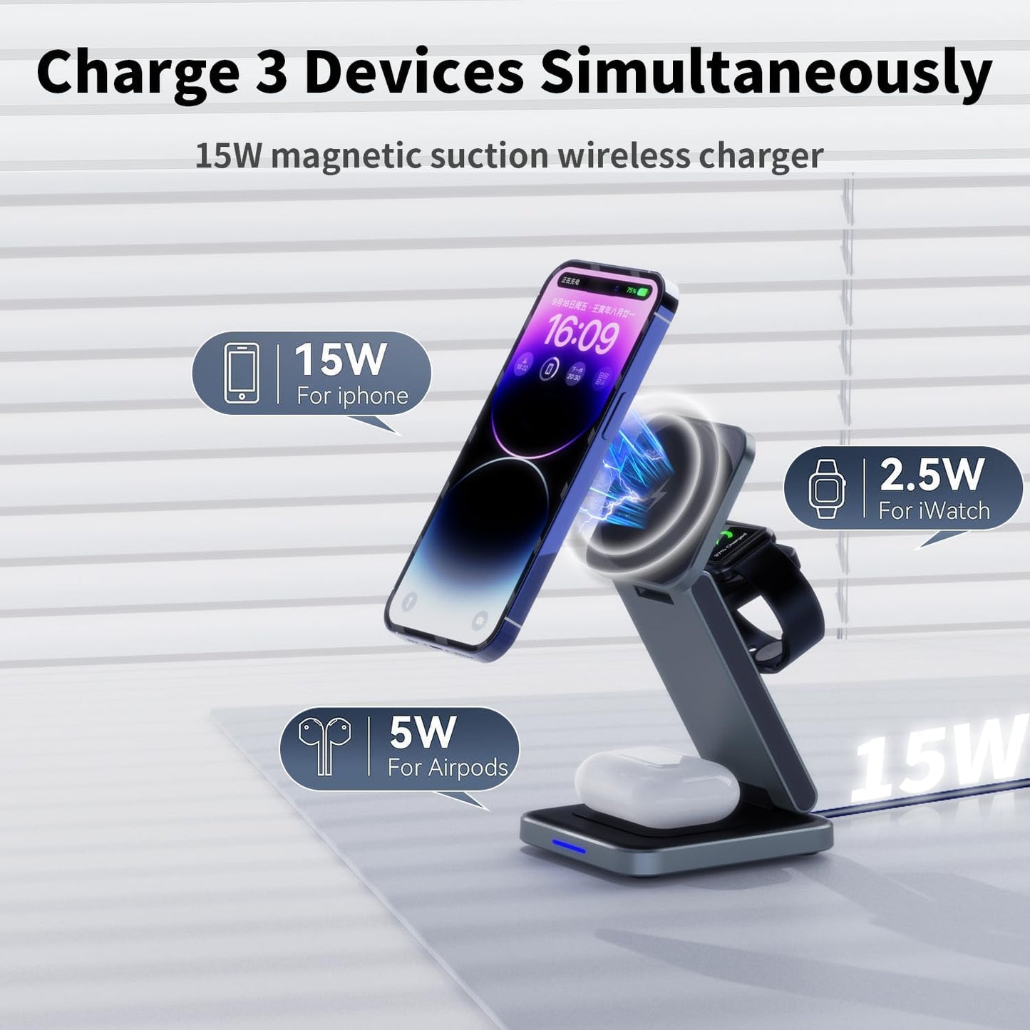 3 in 1 Magnetic Wireless Charger Station for iPhone 16/15/14/13/12 Series Mag-Safe Charging Station for Apple Watch Series 10-2/Ultra2/1/SE Foldable Wireless Charger for AirPods 4 3 2 1 Pro