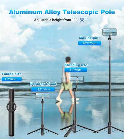 68" Magnetic Selfie Stick Tripod with Rechargeable Detachable Remote for Magsafe, Portable Small Extendable Phone Stand Tripods with Metal Ring, 360° Rotation for Vlog/Live Stream/Travel/Black