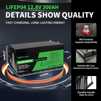 Lifepo4 Battery 300ah 12v 300ah Lifepo4 Battery Built-in BMS Protection Cycle Times Up T0 10000 10 Years Life Support 4 Series Connection Suitable for RV/Camper 2pack