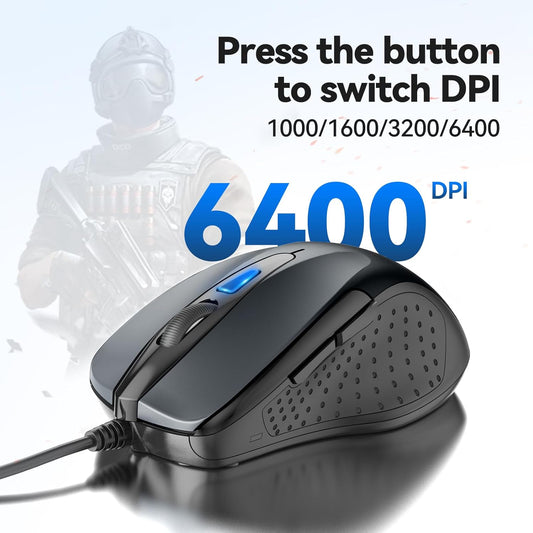 TECKNET USB Wired Mouse, 6-Button Corded Computer Mouse with 4 Adjustable DPI, Optical Computer Mice with Ergonomic Design and 5FT Cord for Laptop, Chromebook, PC, Desktop, Mac, Notebook-Gray