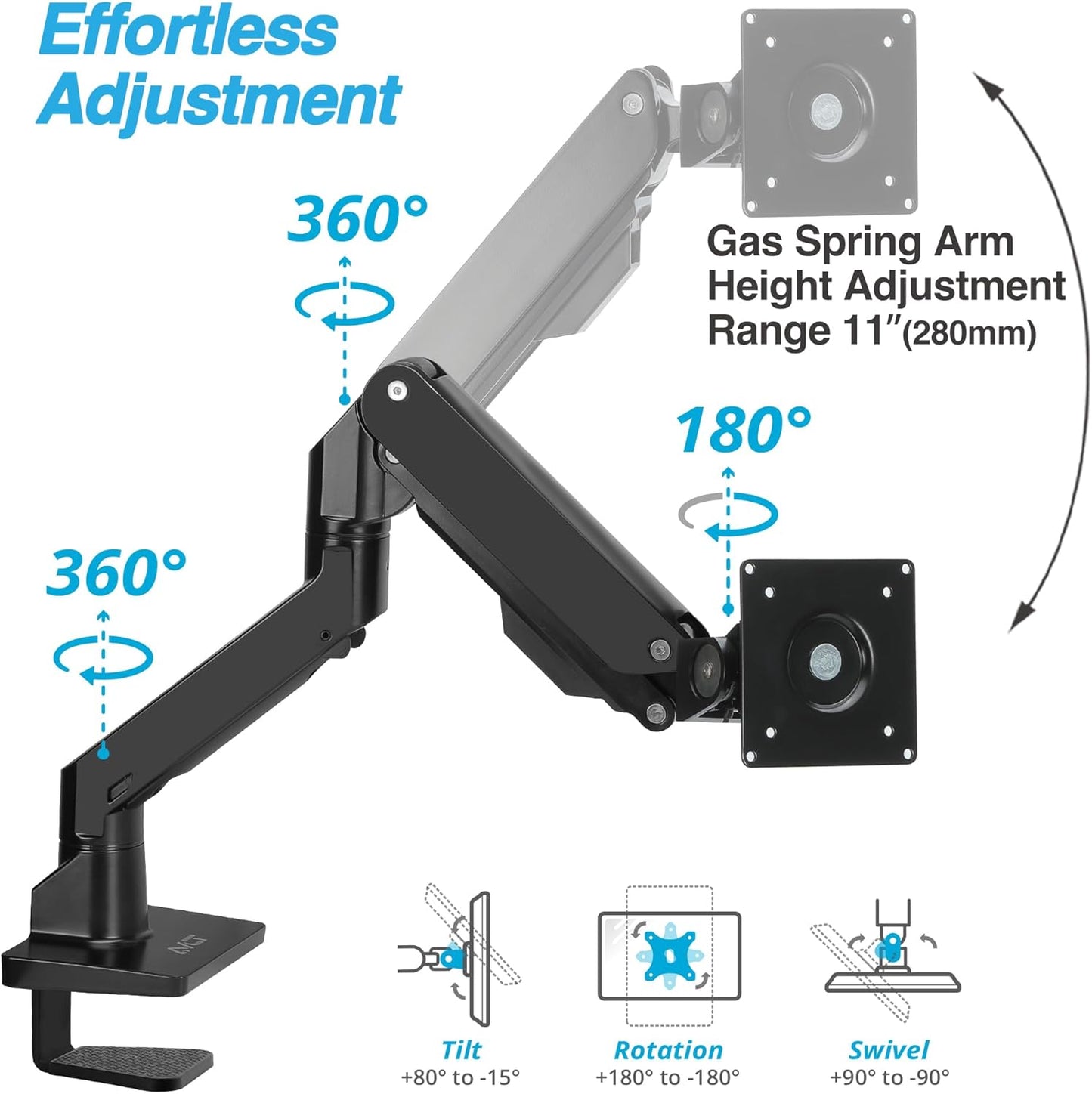 AVLT Single Monitor Arm Desk Mount for 34 to 57 in Screens – Fits One 44 lb Heavy Duty Monitor – Full Motion Height, Swivel, Tilt, Rotation – VESA 200x200, 200x100, 100x100, 75x75 – Black