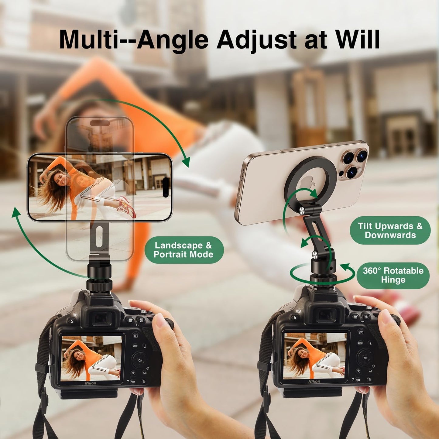 elitehood Aluminum Magnetic Camera Phone Mount with 360° Rotatable Cold Shoe Base, MagSafe iPhone Tripod Mount Adapter with 1/4” Screw & Hot Shoe, 180° Tilt Cell Phone Holder for Tripod Attachment