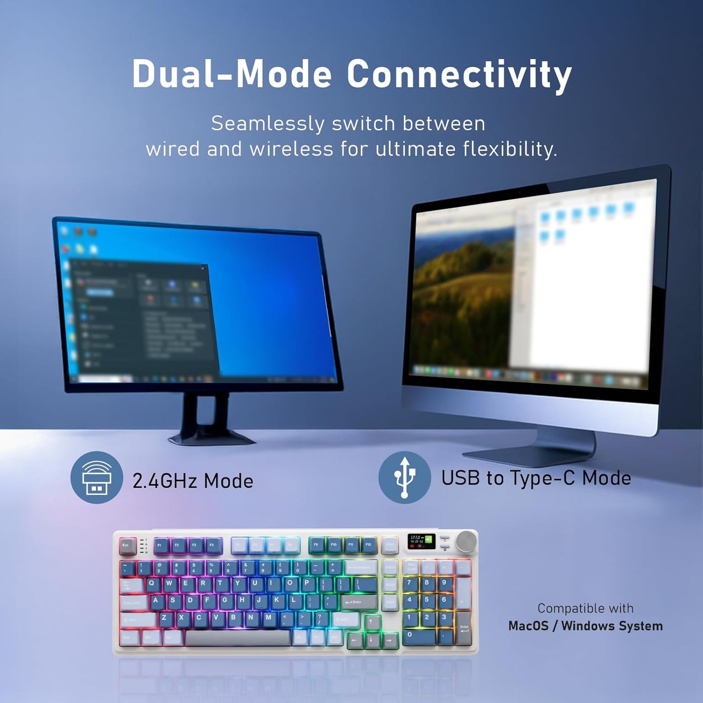 iRocks K85R Wireless RGB Backlit Mechanical Gaming Keyboard with LCD Display, Hot-Swappable Pre-lubed Switches, 98 PBT Keys, USB-C Detachable Cable (Aurora Blue, Silent Bubble Switch)