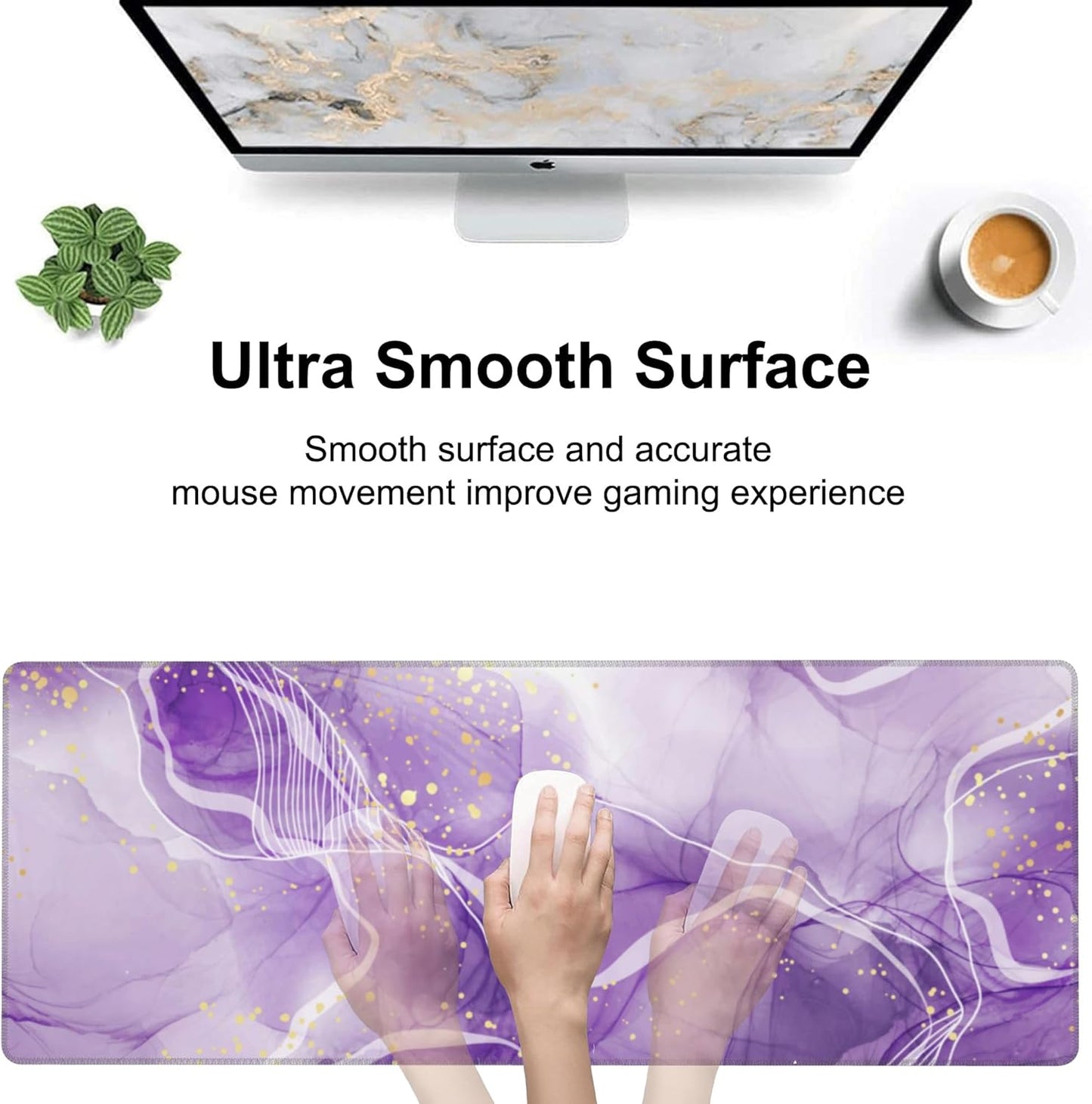 Watercolor Purple Marble Desk Mat,Large Violet Marble Texture Gaming Keyboard Mouse Pad,Non-Slip Rubber Base Desk Pad Thick Stitched Edges Waterproof Mousepad Mouse Mat 31.5"x11.8"