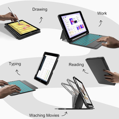 Touch for iPad 9th/8th/7th Generation Case with Keyboard 10.2 Inch, Multi-Touch Trackpad, 7 Color Backlit, Detachable Magnetic Folio Cover with Pencil Holder for iPad Air 3rd Gen/iPad Pro 10.5" Black