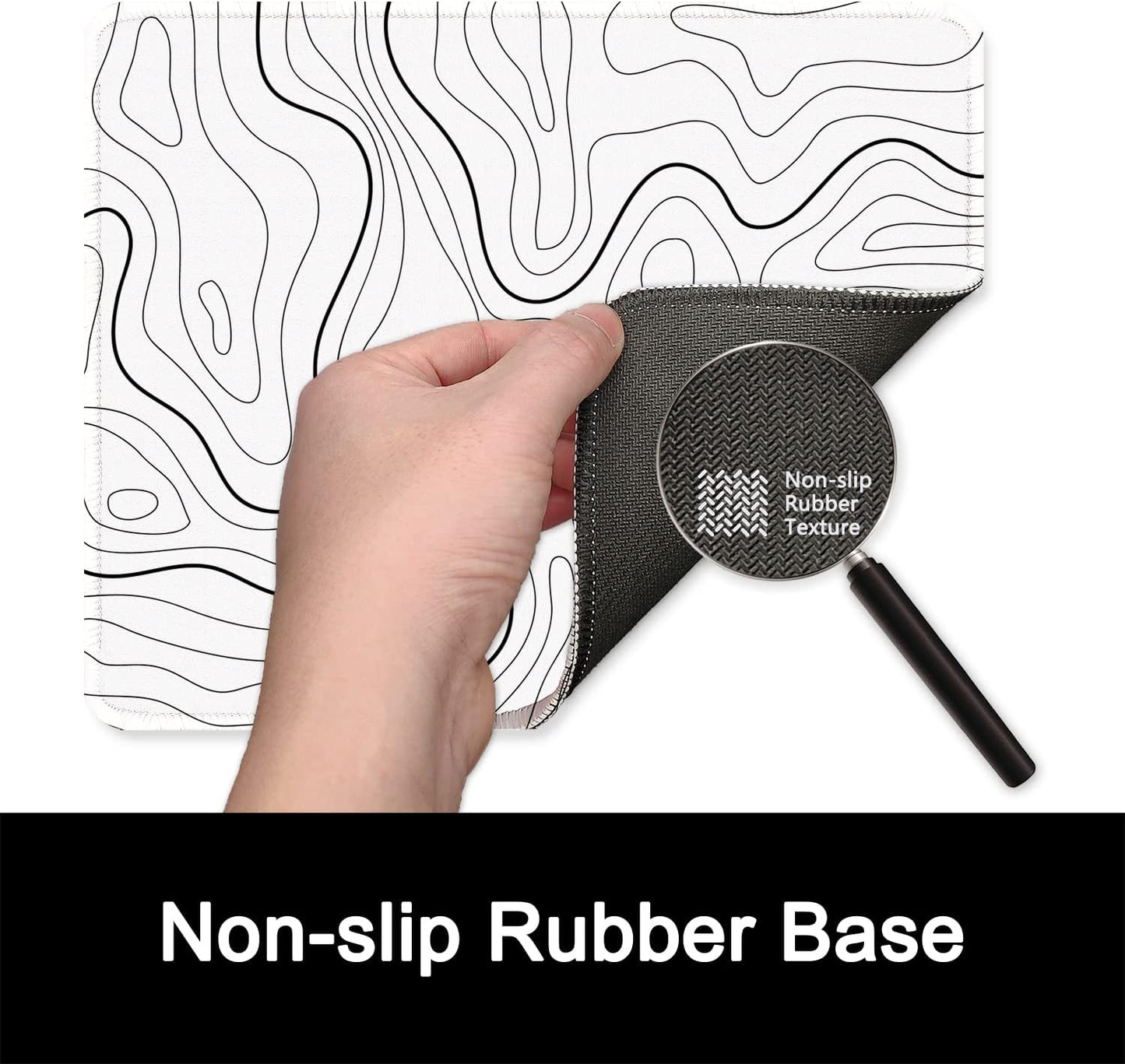 ITNRSIIET Mouse Pad with Stitched Edge Premium Textured Smooth Precise Operation Waterproof Washable Non-Slip Rubber Base Desktop Protection Mat, 10.2×8.3×0.12 inches, Topographic Contour White