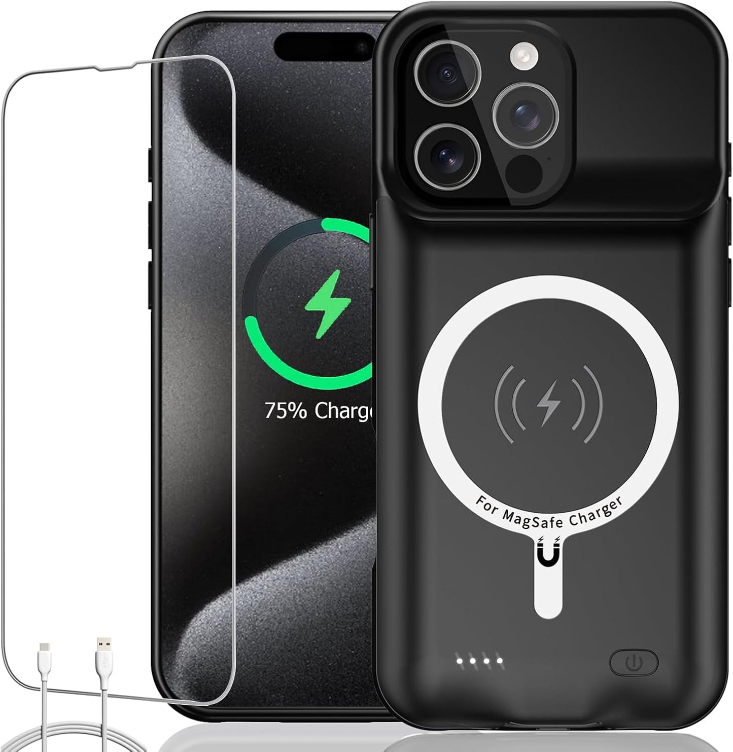 Battery Case for iPhone 15 Pro Max, Full Encircle 12000mAh Capacity Rechargeable Portable Charger Case Extended Battery Pack for iPhone 15 Pro Max(6.7 inch) Wireless Charging Case with Carplay-Black