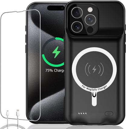 Battery Case for iPhone 15 Pro Max, Full Encircle 12000mAh Capacity Rechargeable Portable Charger Case Extended Battery Pack for iPhone 15 Pro Max(6.7 inch) Wireless Charging Case with Carplay-Black