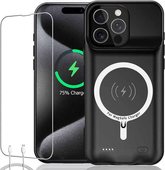 Battery Case for iPhone 15 Pro Max, Full Encircle 12000mAh Capacity Rechargeable Portable Charger Case Extended Battery Pack for iPhone 15 Pro Max(6.7 inch) Wireless Charging Case with Carplay-Black