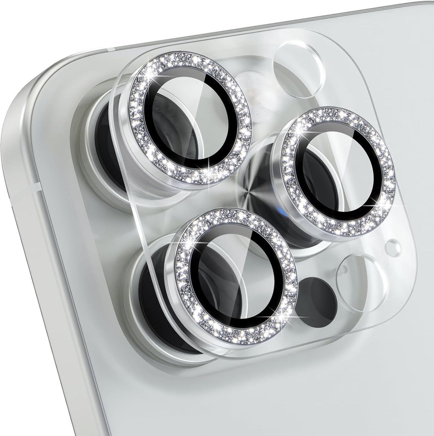 Choiche Compatible for iPhone 16 Pro/iPhone 16 Pro Max Camera Lens Protector, Bling Camera Cover with 9H Tempered Glass Lens Screen Protector Metal Ring Decoration Accessories(Clear-Silver)