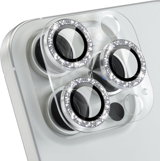 Choiche Compatible for iPhone 16 Pro/iPhone 16 Pro Max Camera Lens Protector, Bling Camera Cover with 9H Tempered Glass Lens Screen Protector Metal Ring Decoration Accessories(Clear-Silver)
