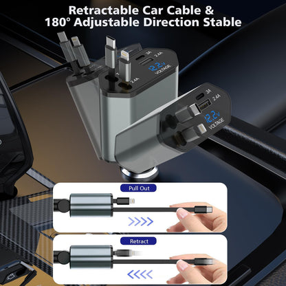 66W Retractable Car Charger,CarCharger Fast Charging 4 in 1 Car Phone Charger Retractable USB C Cable,Type C to Lightning Cord,USB C Port and USB A Port Fast Charging for iPhone 16/15/14,iPad