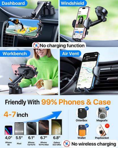 HTU [True Military-Grade] 2025 Upgraded Car Phone Holder 【Safety Certs & No Smell】 Cell Phone Holder for Car Mount for Dashboard Windshield Air Vent Long Arm Thick Case,Black