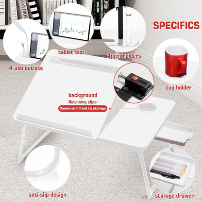 CloudTrip Plus XL Adjustable Laptop Desk with Light, USB Port, iPad Holder, Drawer Storage - Larger 23.6IN Adjustable Lap Desk for Bed, Home Office, Breakfast Tray, Fordable Legs Desk (White)
