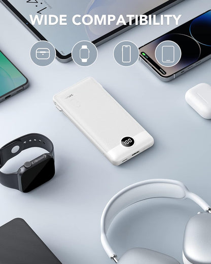 VRURC Portable Charger,Power Bank Built-in Cables and AC Wall Plug, USB C Portable Bank 10000mAh, Travel Essentials Phone Charger Compact External Battery Pack for Smart Phones, Tablets etc-White