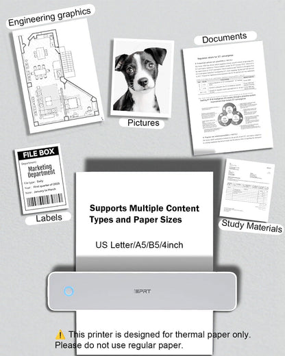 Inkless Portable Printer for Travel, 300DPI Wireless Thermal Printer Support 8.5" x 11" US Letter, A4, MT610Pro Small Bluetooth Printers Compatible with iOS, Android Laptop for Home Office Car, Grey