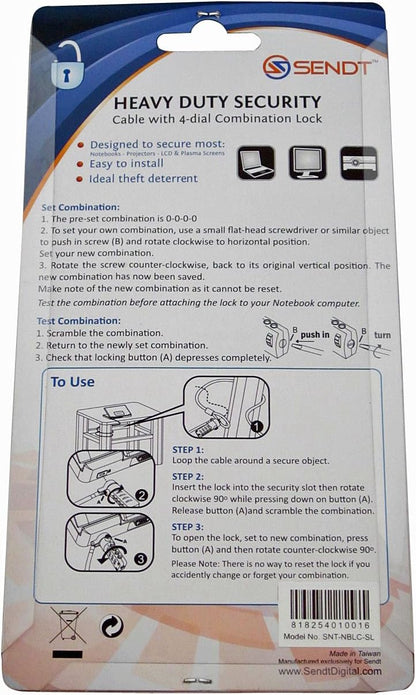 Sendt Notebook/Laptop Combination Lock Security Cable (Silver)