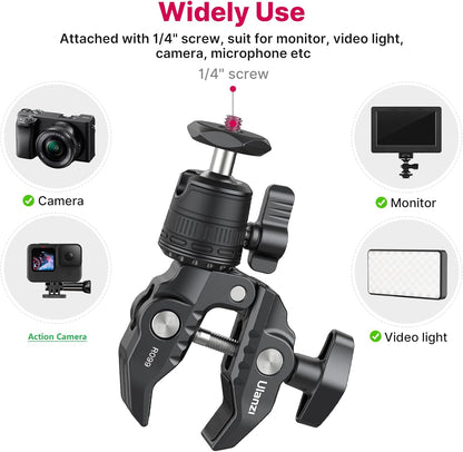 ULANZI R099 Super Clamp Camera Mount with 360° Ballhead for Bike/Bicycle/Motorcycle Handlebar Pole Tripod Tube Crossbar Gimbal Rods Mount for Insta360/GoPro/AKASO/DJI/Phone/DSLR/Light/Monitor