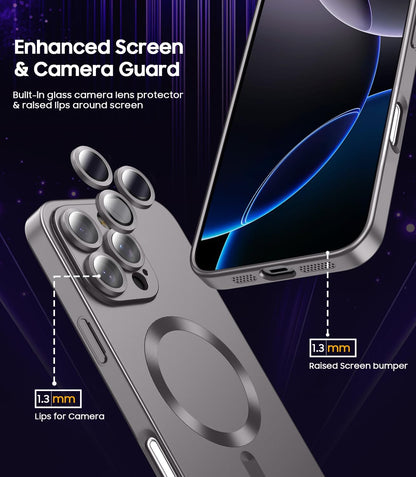 Magnetic for iPhone 16 Pro Max Case [Compatible with MagSafe][Built-in Camera Lens Protector] Slim Soft Silicone Bumper Shockproof Metallic Phone Shell (Titanium Gray)