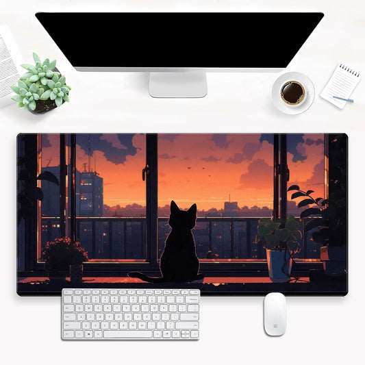 Lofi Aesthetic Desk Mat Cat Mouse pad Cute Orange Anime Mouse Pad Extra XL Large Gaming Mousepad for Desk 31.5''X15.7'' Laptop Computer Keyboard and Mouse Mat for Desk Decoration