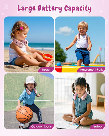 Neck Fan for Kids,Bladeless Portable Fan Rechargeable for 4-14Y Girls & Boys, 2400mAh USB Personal Cooling Mini Fan Rechargeable for Travel/Disney/Camping, 3 Speeds, Summer Essentials(Pink)