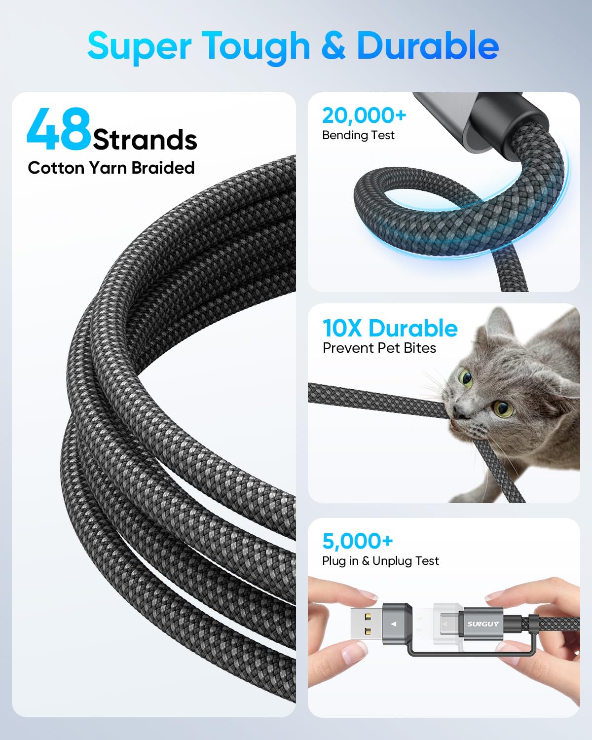 SUNGUY 4 in 1 Charging Cable 2FT [2 Pack], 60W Multi Charging Cable, USB-C/A to Lighting/C Cord for iPhone 16/15/14 Pro/iPad/MacBook/Samsung Galaxy S25/S24/Tablets