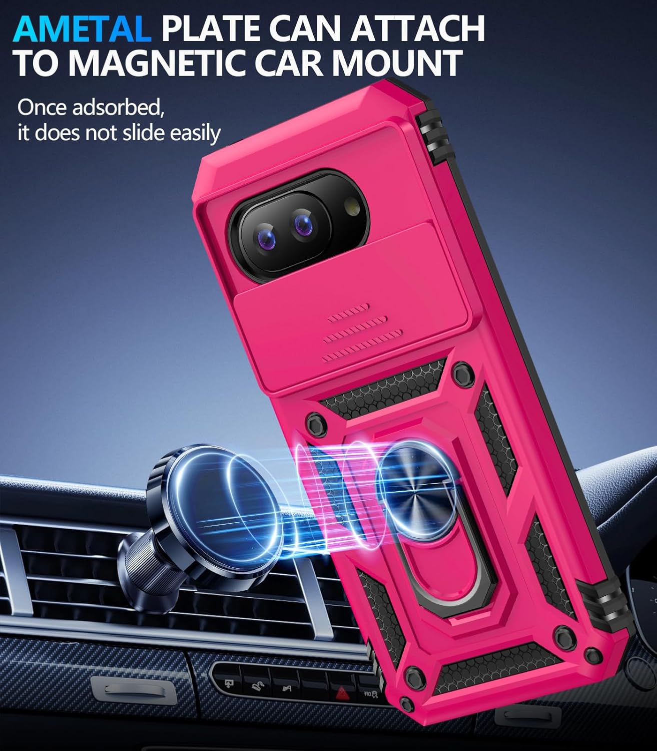 Taisairu for Google Pixel 9A Case with Screen Protector & Slide Camera Lens Cover,Built-in 360°Rotate Magnetic Ring Stand Shockproof Protective Phone Case for Google Pixel 9A Case(Hot Pink)
