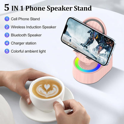 Wireless Induction Audio Bluetooth Speaker 5in1 Phone Holder Emergency Rechargeable (3000mAh) with Colorful Ambient Light 300° Foldable for Tablet iPhone Android, Womens Birthday Gifts(Pink)