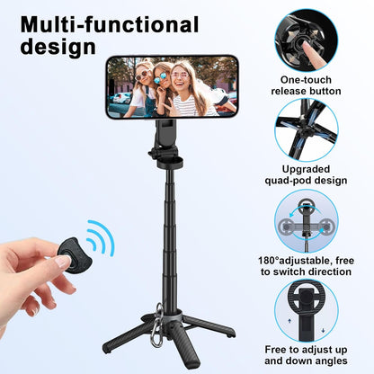 Magnetic Selfie Stick with Remote, 360° Rotation Phone Tripod, 4-in-1 Multifunctional Magnetic Phone Selfie Stick, Mini Portable Extendable Mag Tripod for Cell Phone Video Recording Trave