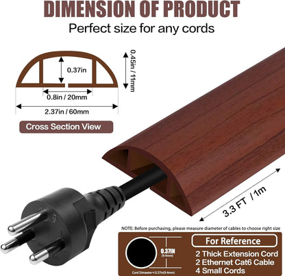 Floor Cord Cover Cavity 0.8"x0.37" Self Adhesive Cord Hider, 3.3FT Low Profile Cable Management, Extension Strip Protector for Wires, Prevent Cable Trips for Offices, Gyms, Exhibitions (Red Teak)