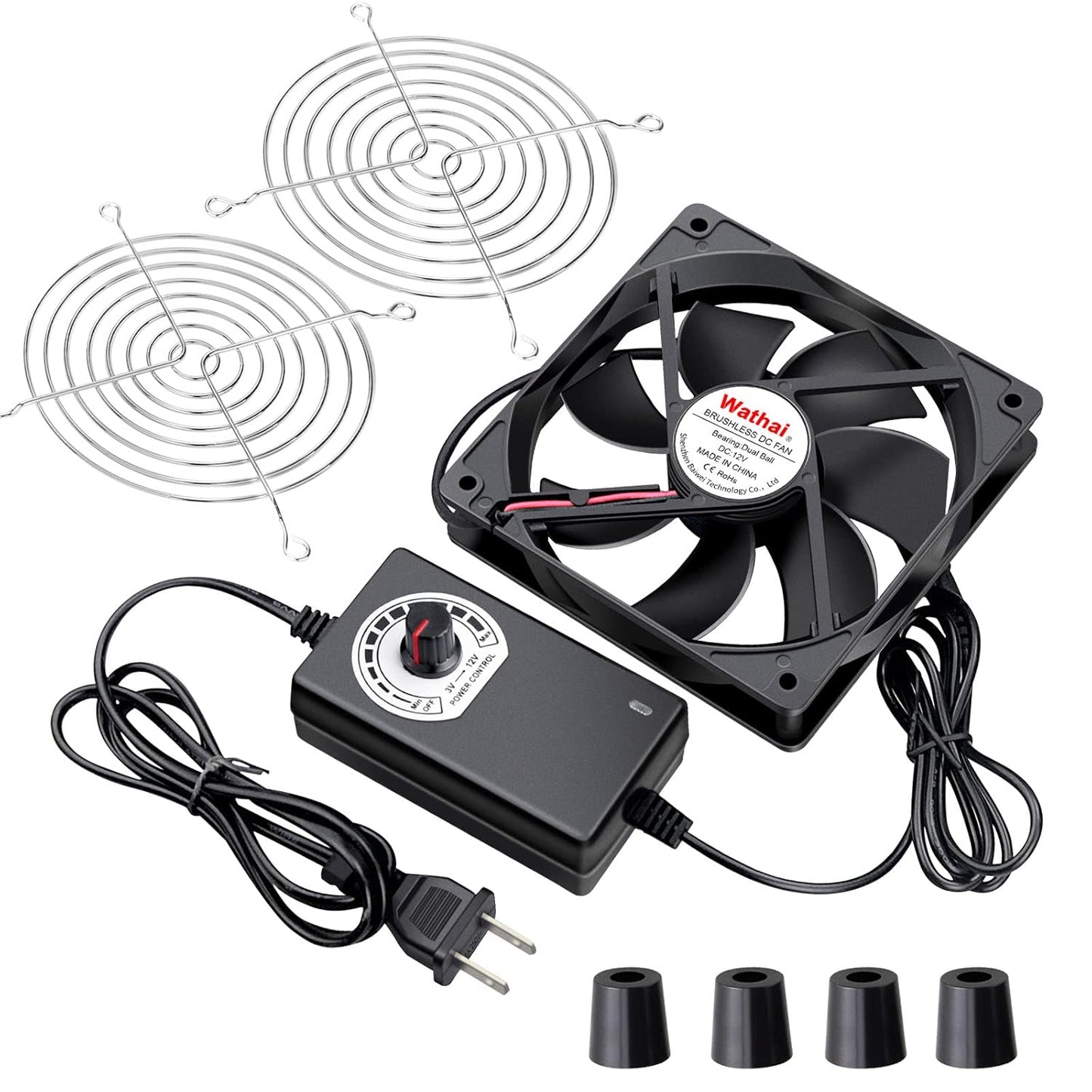 Wathai 120mm x 25mm AC Powered Computer Fan with AC Plug 110V 120V 220V 240V Variable Speed Controller 3V to 12V, for Biltong Box Greenhouse Receiver Amplifier Xbox DVR PlayStation Component Cooling