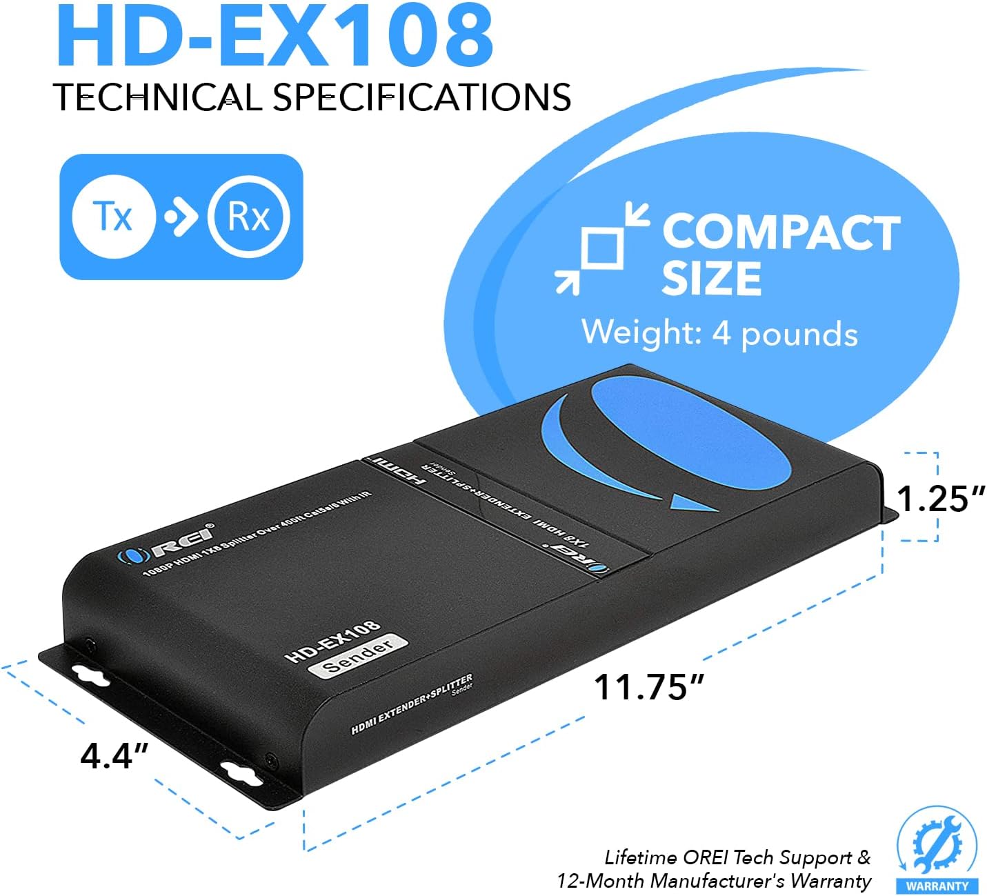 OREI 1080P 1x8 HDMI over Ethernet Extender Splitter CAT6/7 Over Cable Full HD with IR Remote EDID Management - Up to 400 Ft - Low Latency - Full Support, 1x8 upto 395 FT (HD-EX108)