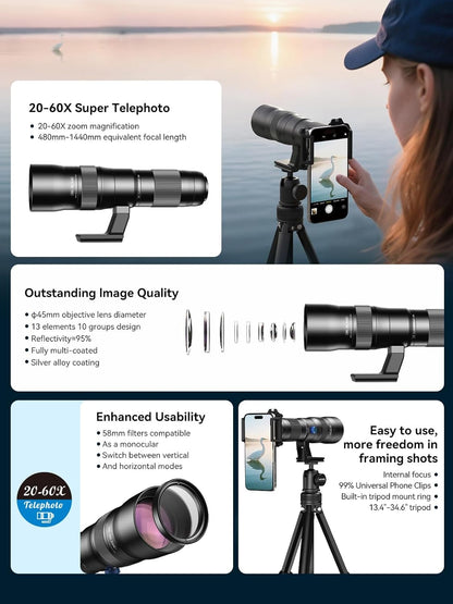 MIAO LAB 20-60X Zoom Telephoto Lens, High Power Telephoto Mobile Cell Phone Lens with Tripod & Universal Phone Clip, for iPhone 16/15/14/13 Series, Samsung, Android Phone and Most Smartphone