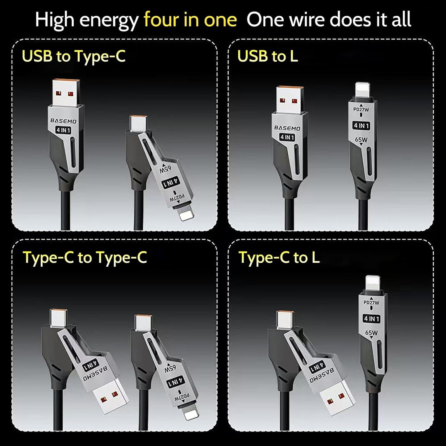 65W 4-in-1 Retractable Fast Charging Cable, 2M/6.5ft Spring Coiled USB-C to L/USB-C/USB-A Multi-Device Cord for iPhone 15/14/13, iPad, Samsung, MacBook, Laptop, Car, Tablet