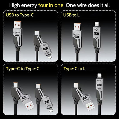 65W 4-in-1 Retractable Fast Charging Cable, 2M/6.5ft Spring Coiled USB-C to L/USB-C/USB-A Multi-Device Cord for iPhone 15/14/13, iPad, Samsung, MacBook, Laptop, Car, Tablet