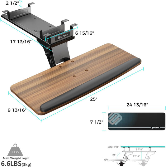 EUREKA ERGONOMIC Keyboard Tray Height Adjustable, Swivel Tilt Computer Keyboard Drawer Under Desk, 25x9.13'' Sliding Keyboard & Mouse Platform with Mouse Pad for Typing, Walnut