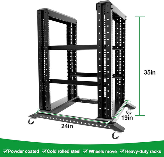 15U Server Rack/4-Post 19in Network Rack/Open Frame Rack with Wheels, Heavy-Duty Frame Cabinet/Adjustable Depth 24-22in GLOBALRACK(4POST-800-15U)