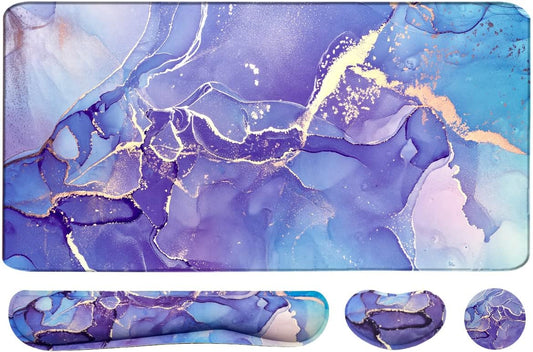 Large Mouse Pad and Keyboard Wrist Rest, Desk Pad for Keyboard and Mouse, 4-in-1 Large Gaming Mouse Pad with Wrist Support - Purple Marble
