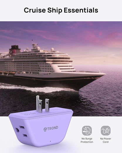 TROND Purple Outlet Extender - Plug Splitter with 3-Prong Grounded Sockets, 3 Way Angled Outlet Adapter, Wall Plug Expander, Cruise Ship Essentials, Compact and Practical for Travel Home Decoration