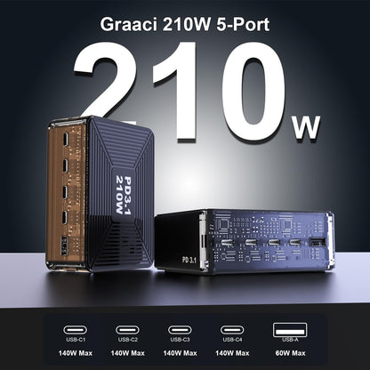 210W USB C Charger, Graaci GaN 5-Port PD3.1 140W 100W PPS Fast Charging Station, Type C Laptop Wall Charger Power Adapter for MacBook Pro/Air M2, iPhone 15 Pro, Galaxy S23 Ultra, Pixel 8, Steam Deck