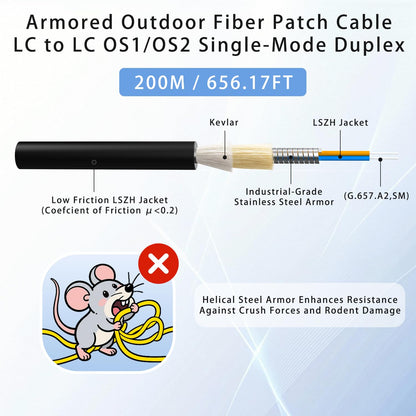 200M/656FT LC to LC Armored Outdoor Fiber Optic Cable, Single Mode Duplex 9/125μm SMF Fiber Patch Cord, OS1/OS2 Compatible, Black LSZH Jacket, Uniboot Jumper for FTTH, Data Center, Long-Distance Use