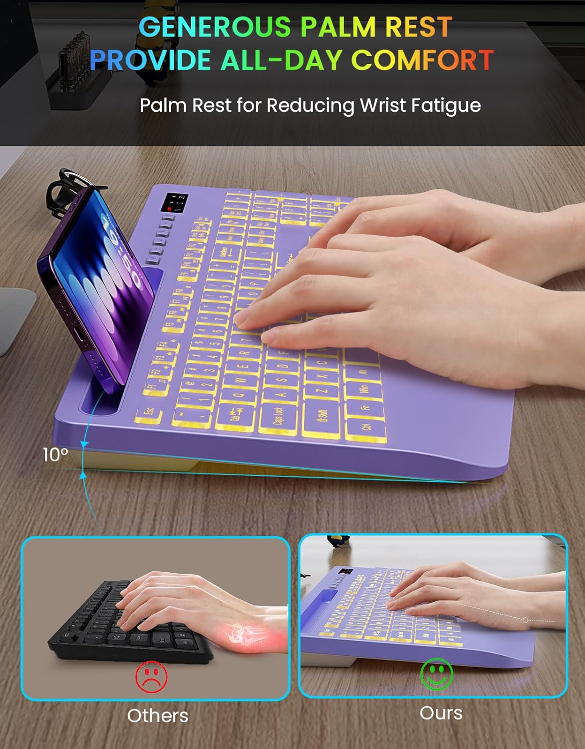 Wireless Keyboard with 7 Colored Backlits, Wrist Rest, Phone Holder, Rechargeable Ergonomic Computer Keyboard with Silent Keys, Full Size Lighted Keyboard for Windows, MacBook, PC, Laptop (Purple)