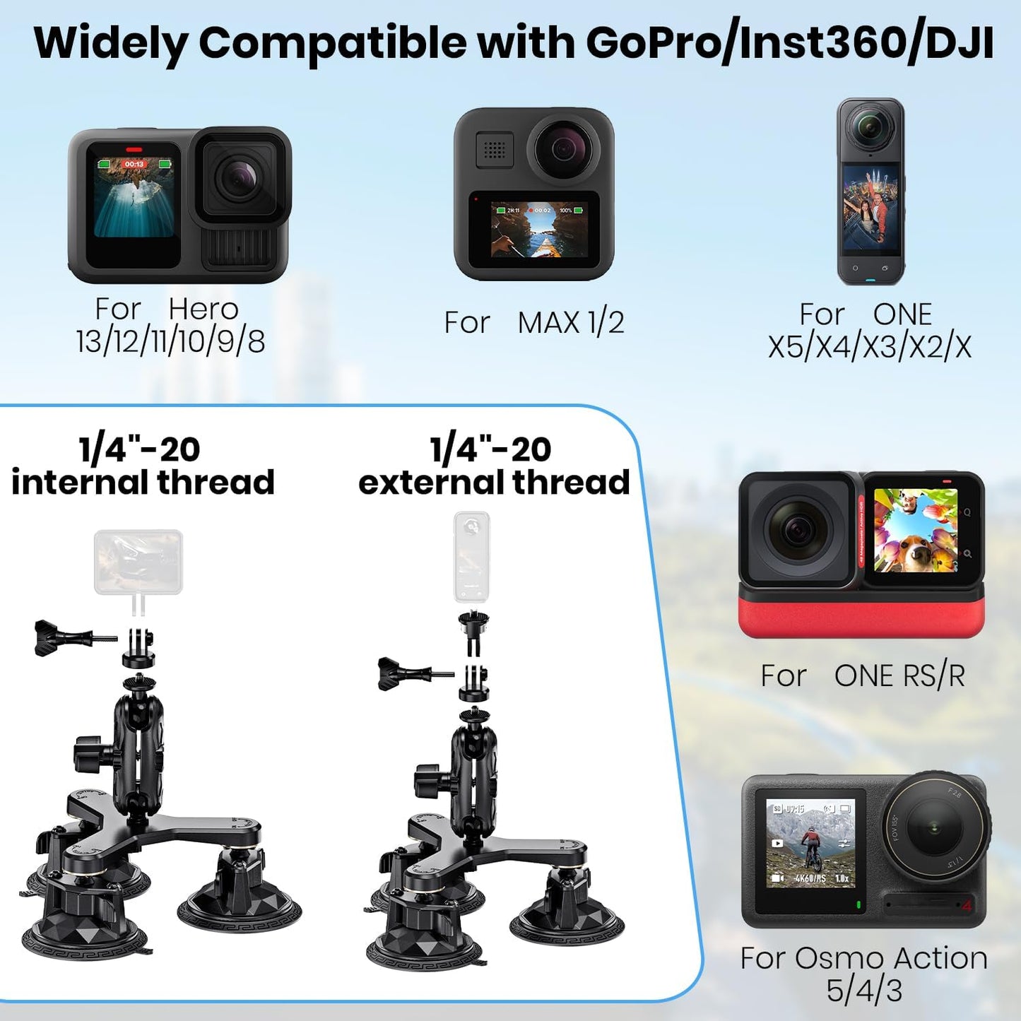 Suction Car Mount for GoPro/Insta360/DJI | Aluminum Alloy Extendable Selfie Stick with Multi-Joint Flexible Arm | Upsized Strong Suction Mount Kit Includes Tripod Adapter