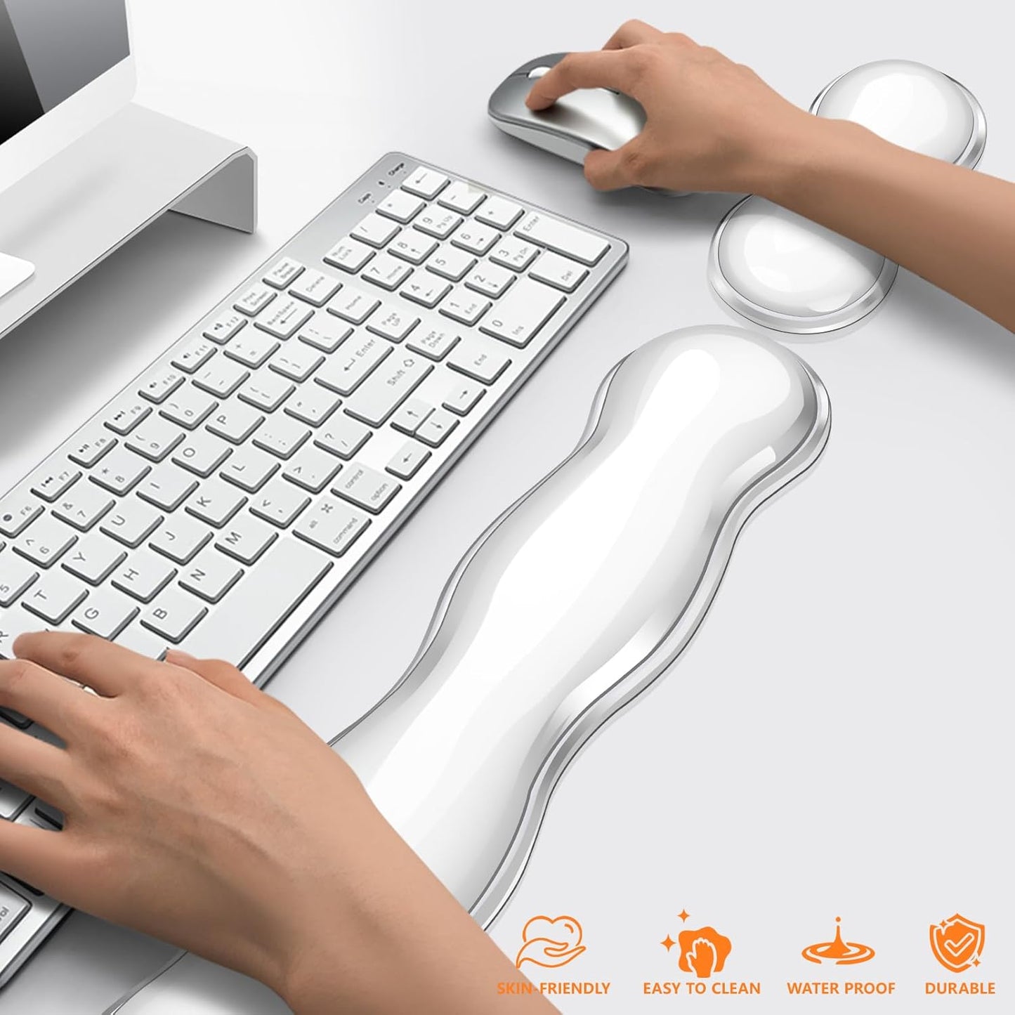 Gel Keyboard Wrist Rest, Cute Wrist Support and Arm Support Keyboard Rest for Keyboard and Mouse Typing Pain Relief，Suitable for Office/Computer/Laptop/Gaming（Transparent White Set ）