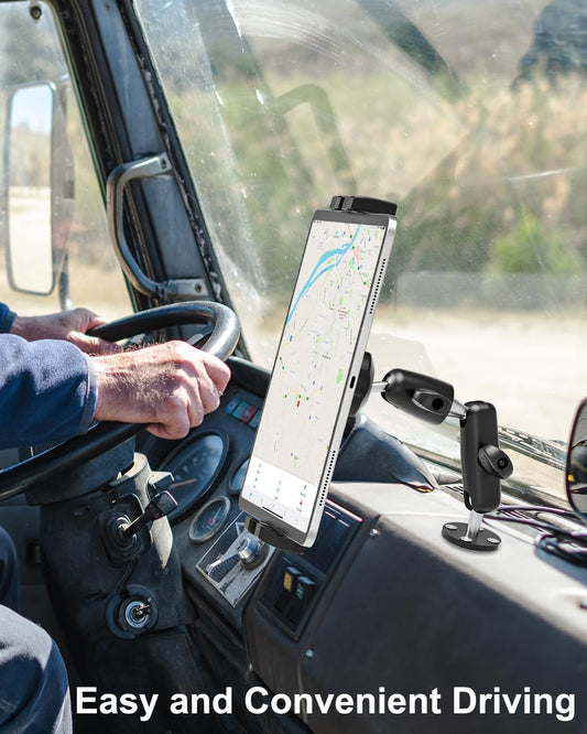 woleyi Aluminum Drill Base Tablet Holder for Car Dashboard - [360° Adjustable 2-Stage Arm] Heavy Duty Tablet Mount for Truck Car Mount Wall Desk, for iPad Pro/Air/Mini/Galaxy Tab/Z Fold, 4-13" Devices