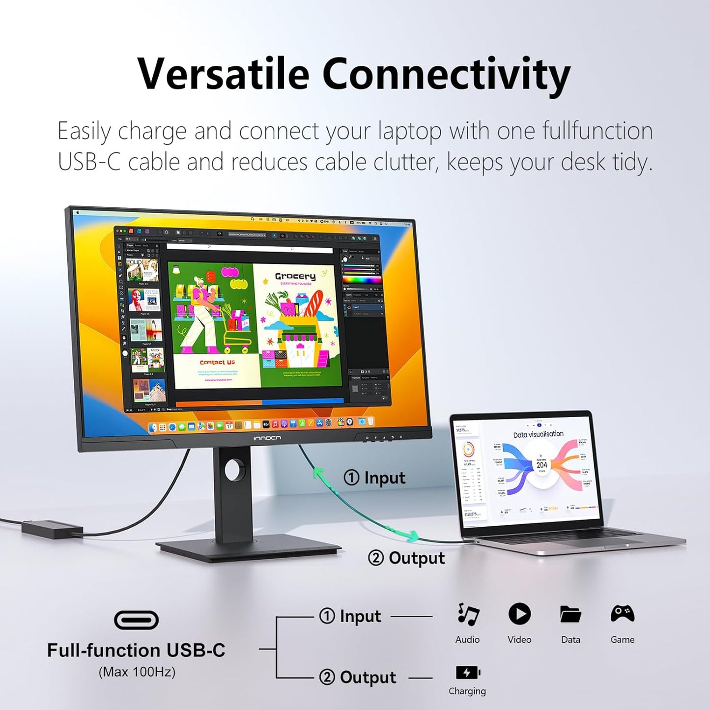 INNOCN 27" 2K 1440P QHD Monitor 100Hz IPS PC Computer Monitor for Mac Laptop, 65W USB C, HDMI, DP, Built-in Speaker, Eyes Care, Height/Pivot Adjustable, VESA Mountable - Black, 27D1Q