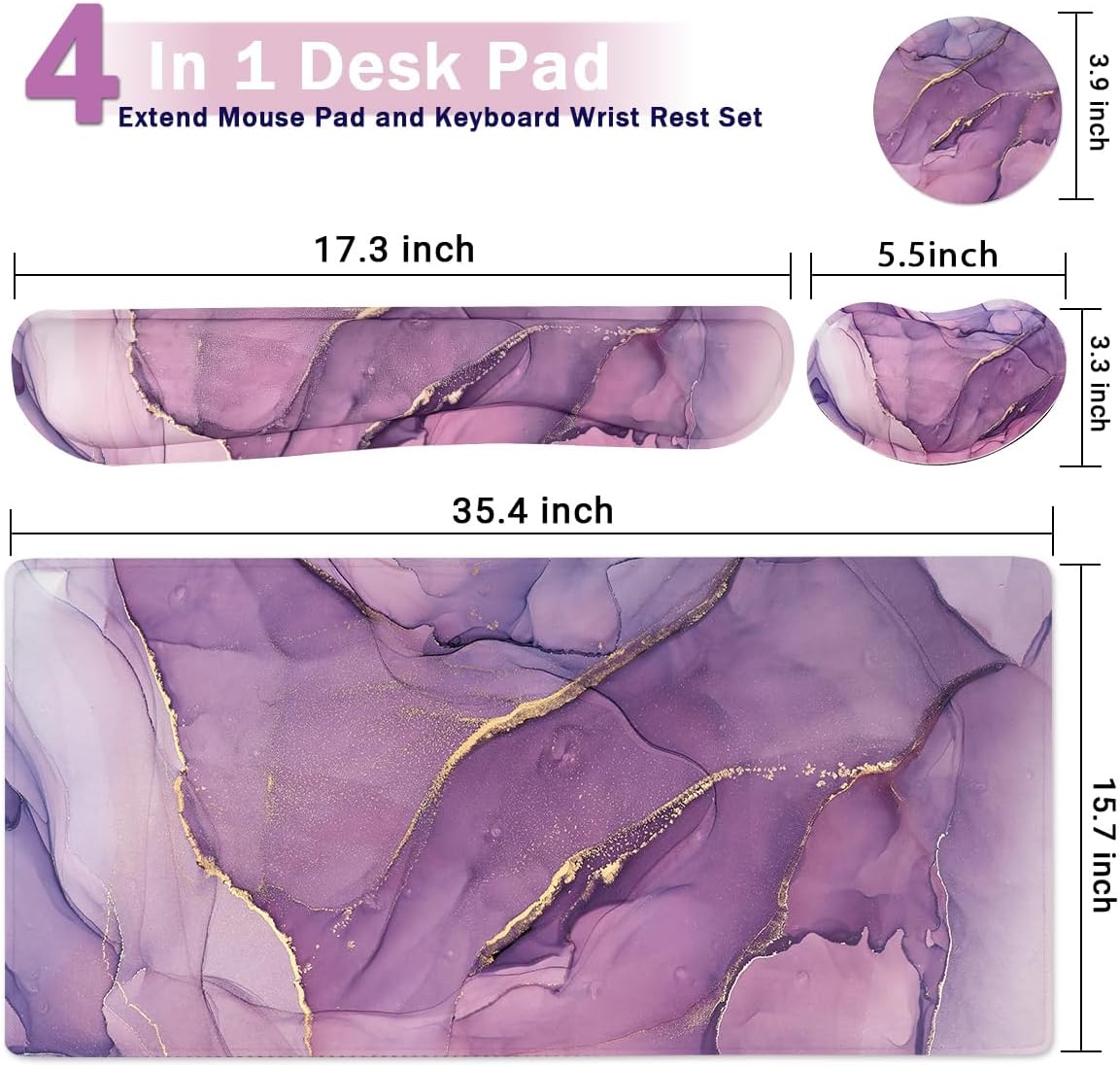 Large Keyboard Mouse Pad Set, Extended Mouse Pad+Keyboard Wrist Rest Support, Memory Foam Ergonomic Easy Typing, 4Pcs (35.4×15.7 in) Desk Pad Set for Home Office Study Game - Purple