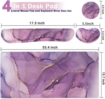 Large Mouse Pad and Keyboard Wrist Rest, Desk Pad for Keyboard and Mouse, 4-in-1 Large Gaming Mouse Pad with Wrist Support, Desk Mat for Home Office Study Game-Purple