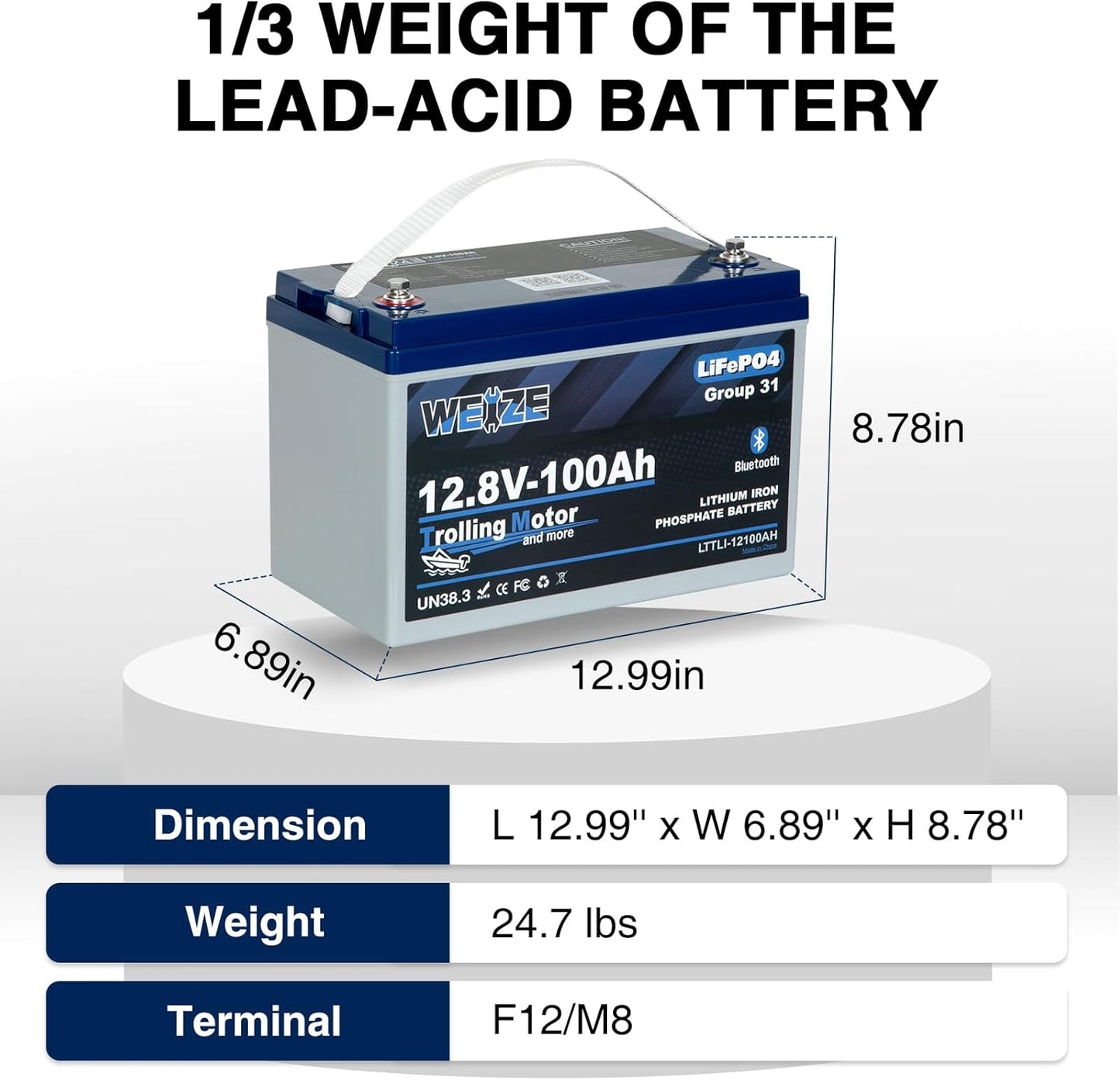Weize 12V 100Ah TM Bluetooth LiFePO4 Lithium Battery, Built-in 120A BMS, Low-Temp Protection Group 31 Deep Cycle 500A/3S Peak Discharge Battery for Trolling Motor, Marine, Boat, RV, Solar
