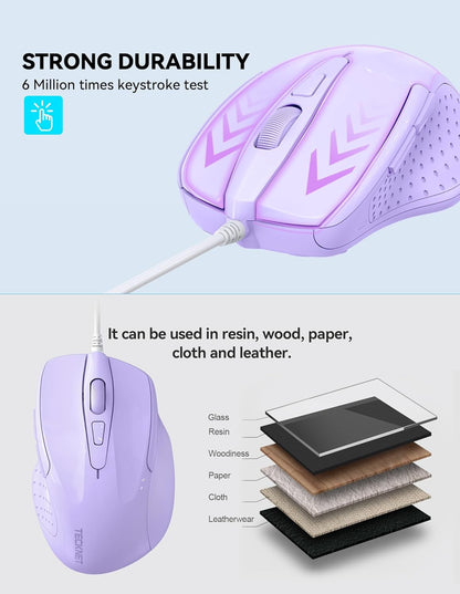 TECKNET Wired Mouse, 6-Button Corded with 4 Adjustable DPI, Optical Ergonomic Design, 5FT Cord for Laptop, Chromebook, PC, Desktop, Mac, Notebook - LT.Purple